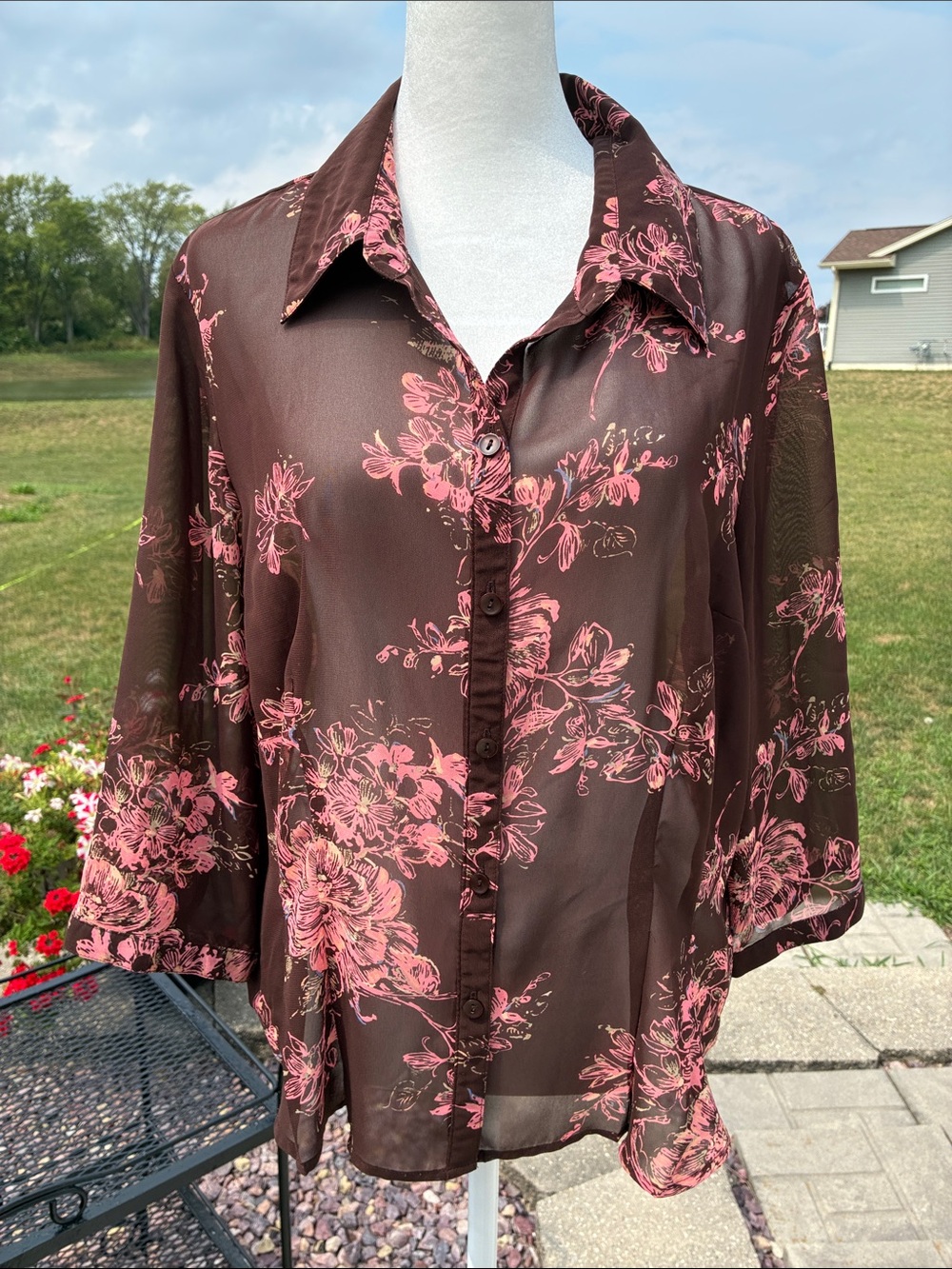 croft & barrow Brown Sheer Button-Down Shirt with Pink Floral Print L